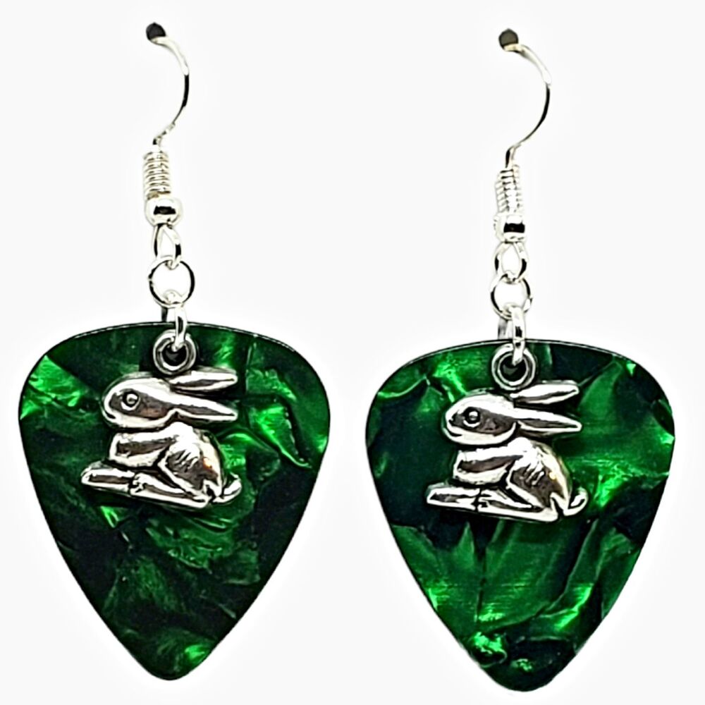 Bunny Rabbit Easter Charm on Guitar Pick Earrings - Choose Color - Handmade USA